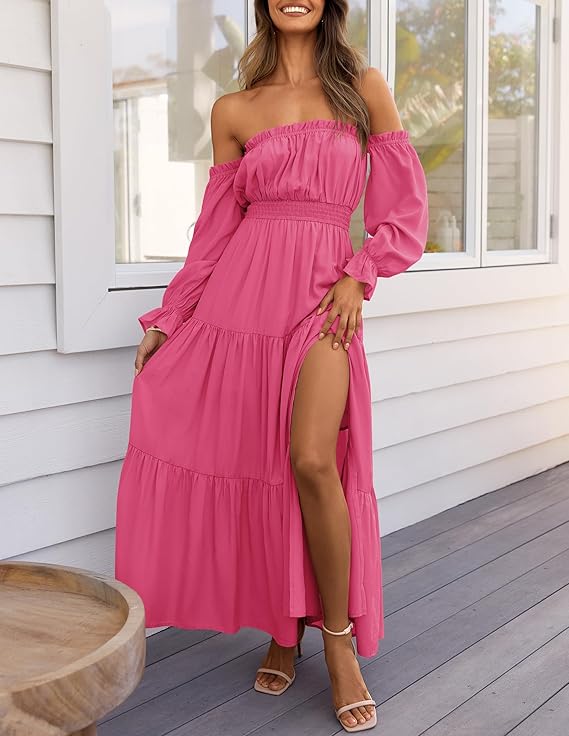 LAVA Off-Shoulder Long Sleeve Maxi Dress – Boho, Ruched, High Waist, Side Split
