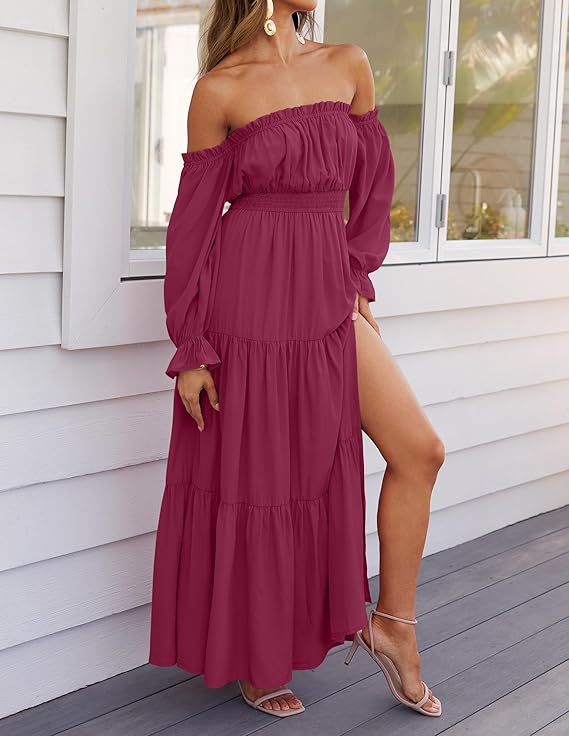 LAVA Off-Shoulder Long Sleeve Maxi Dress – Boho, Ruched, High Waist, Side Split