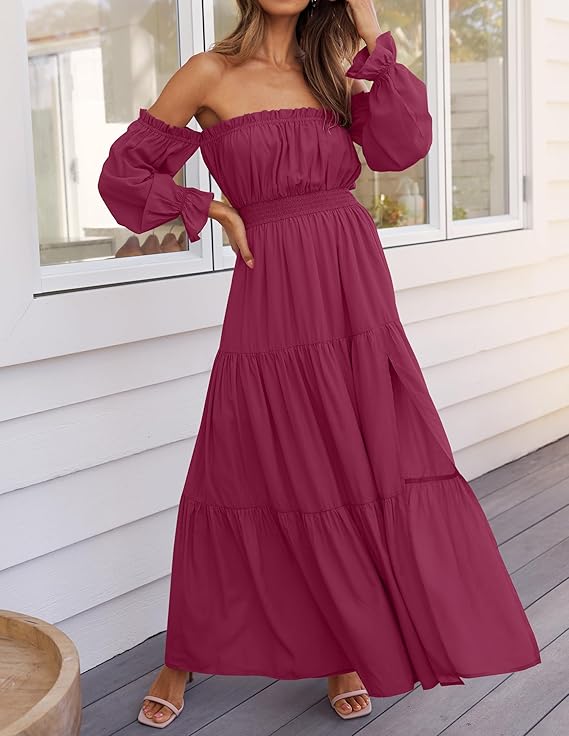 LAVA Off-Shoulder Long Sleeve Maxi Dress – Boho, Ruched, High Waist, Side Split