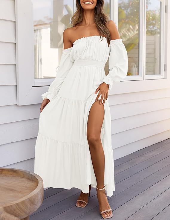 LAVA Off-Shoulder Long Sleeve Maxi Dress – Boho, Ruched, High Waist, Side Split