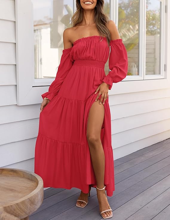 LAVA Off-Shoulder Long Sleeve Maxi Dress – Boho, Ruched, High Waist, Side Split