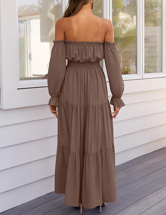 LAVA Off-Shoulder Long Sleeve Maxi Dress – Boho, Ruched, High Waist, Side Split