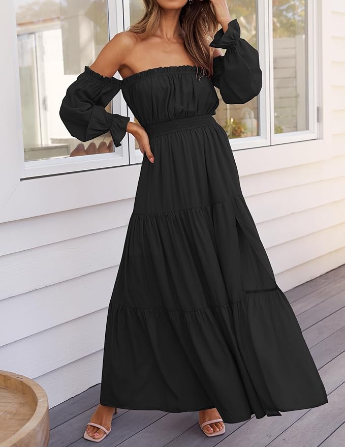 LAVA Off-Shoulder Long Sleeve Maxi Dress – Boho, Ruched, High Waist, Side Split