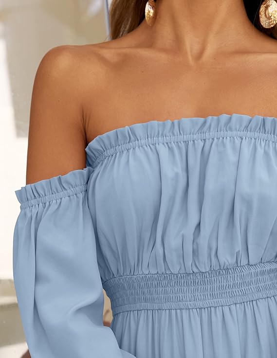LAVA Off-Shoulder Long Sleeve Maxi Dress – Boho, Ruched, High Waist, Side Split