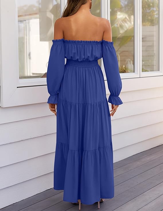 LAVA Off-Shoulder Long Sleeve Maxi Dress – Boho, Ruched, High Waist, Side Split