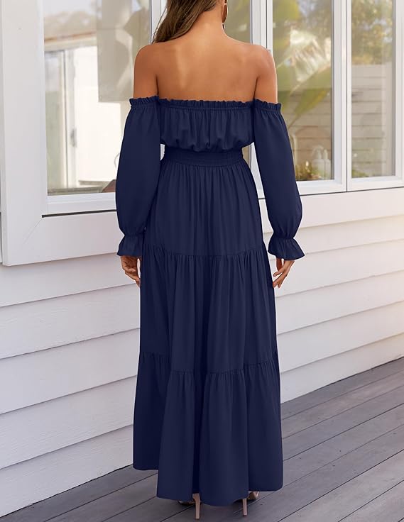 LAVA Off-Shoulder Long Sleeve Maxi Dress – Boho, Ruched, High Waist, Side Split