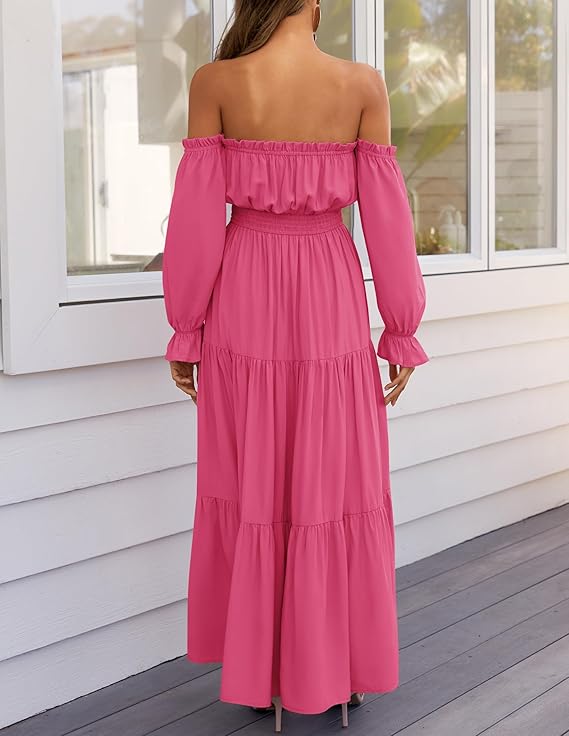 LAVA Off-Shoulder Long Sleeve Maxi Dress – Boho, Ruched, High Waist, Side Split