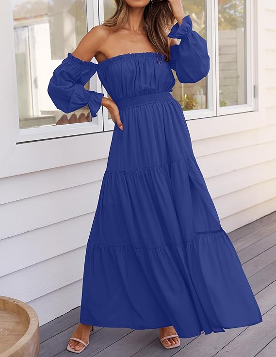 LAVA Off-Shoulder Long Sleeve Maxi Dress – Boho, Ruched, High Waist, Side Split