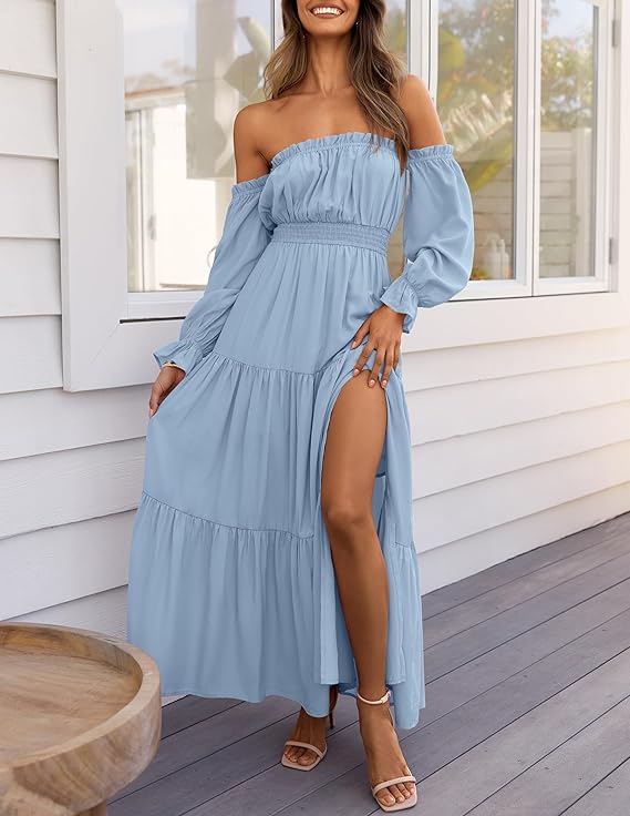 LAVA Off-Shoulder Long Sleeve Maxi Dress – Boho, Ruched, High Waist, Side Split