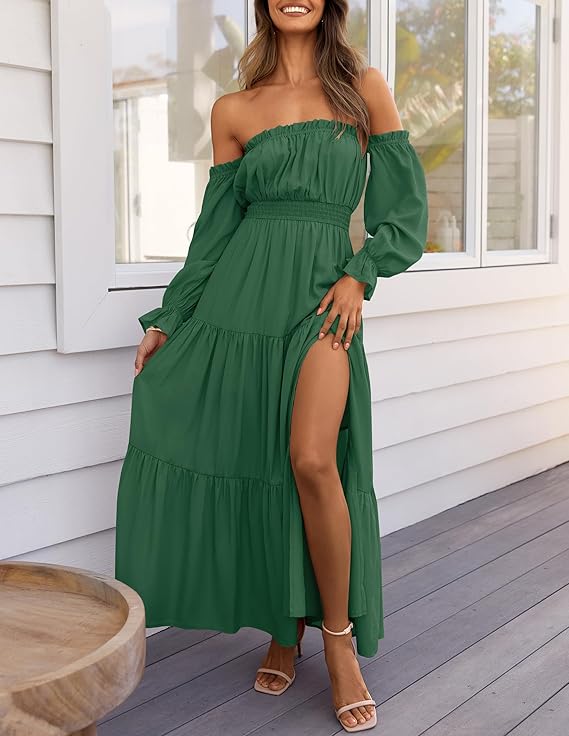 LAVA Off-Shoulder Long Sleeve Maxi Dress – Boho, Ruched, High Waist, Side Split