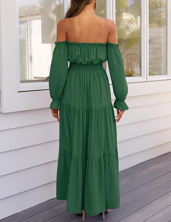 LAVA Off-Shoulder Long Sleeve Maxi Dress – Boho, Ruched, High Waist, Side Split