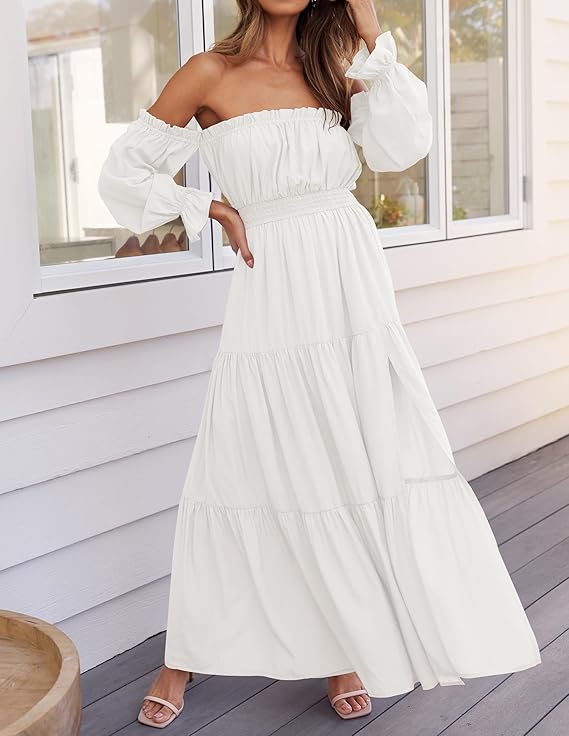 LAVA Off-Shoulder Long Sleeve Maxi Dress – Boho, Ruched, High Waist, Side Split