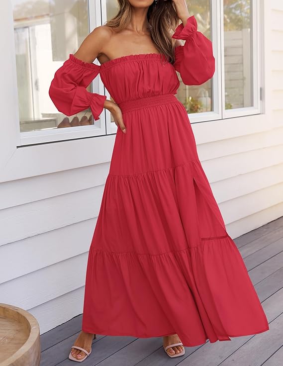 LAVA Off-Shoulder Long Sleeve Maxi Dress – Boho, Ruched, High Waist, Side Split