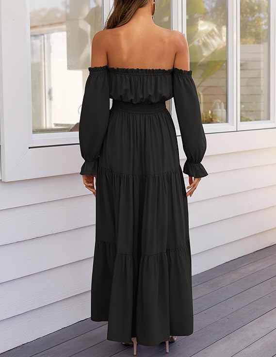 LAVA Off-Shoulder Long Sleeve Maxi Dress – Boho, Ruched, High Waist, Side Split