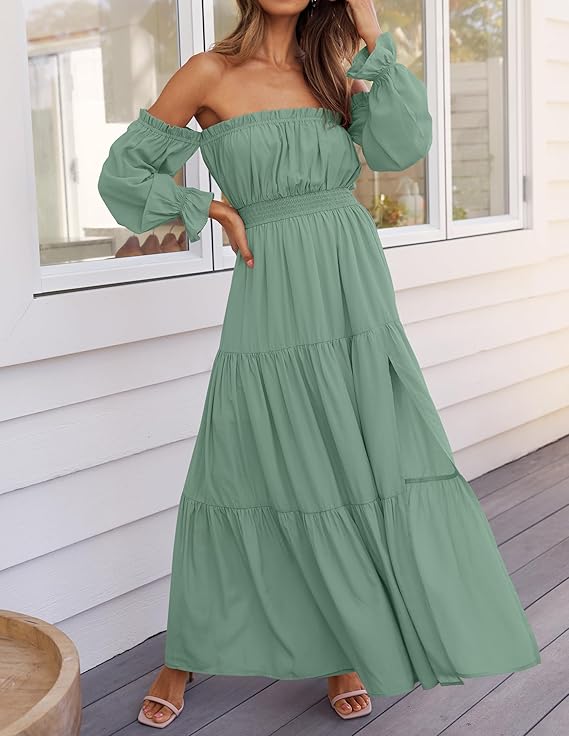 LAVA Off-Shoulder Long Sleeve Maxi Dress – Boho, Ruched, High Waist, Side Split