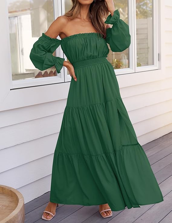 LAVA Off-Shoulder Long Sleeve Maxi Dress – Boho, Ruched, High Waist, Side Split