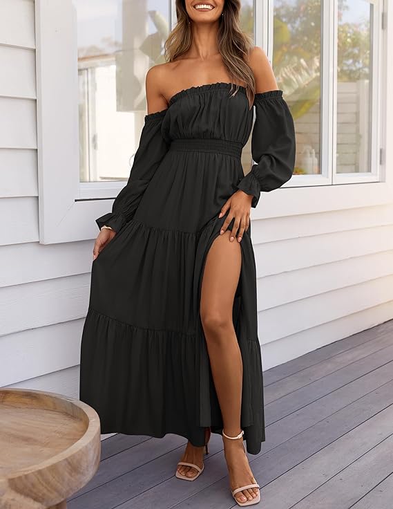 LAVA Off-Shoulder Long Sleeve Maxi Dress – Boho, Ruched, High Waist, Side Split