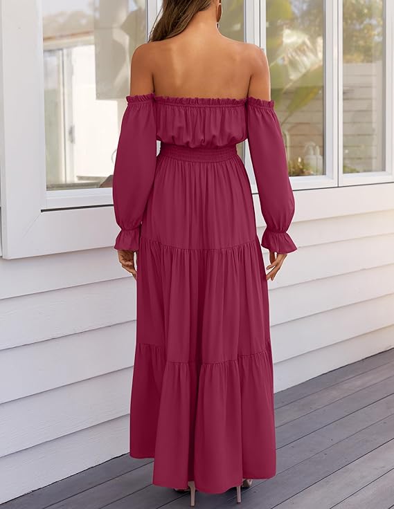 LAVA Off-Shoulder Long Sleeve Maxi Dress – Boho, Ruched, High Waist, Side Split