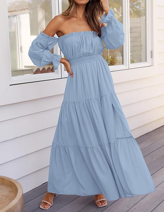 LAVA Off-Shoulder Long Sleeve Maxi Dress – Boho, Ruched, High Waist, Side Split