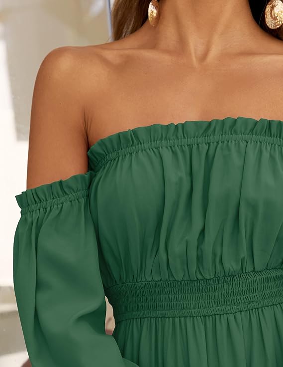 LAVA Off-Shoulder Long Sleeve Maxi Dress – Boho, Ruched, High Waist, Side Split