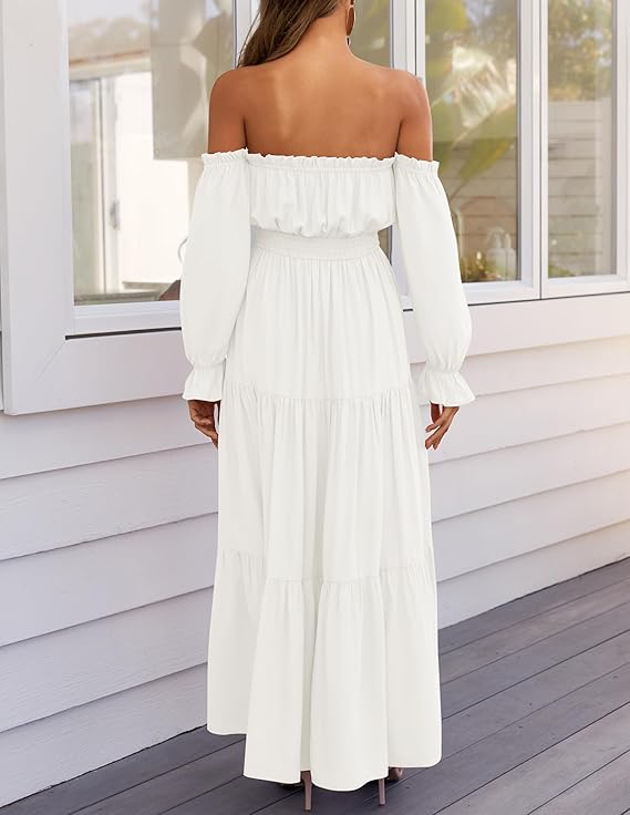 LAVA Off-Shoulder Long Sleeve Maxi Dress – Boho, Ruched, High Waist, Side Split