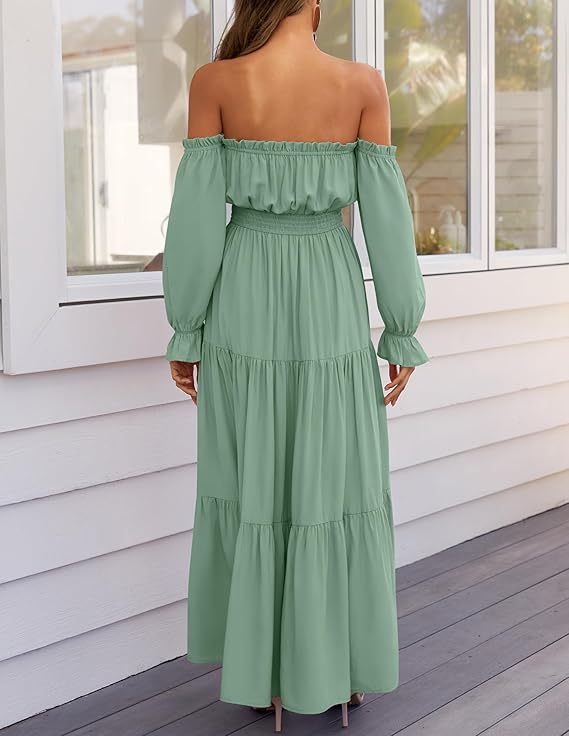 LAVA Off-Shoulder Long Sleeve Maxi Dress – Boho, Ruched, High Waist, Side Split