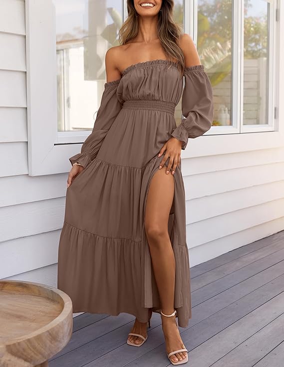 LAVA Off-Shoulder Long Sleeve Maxi Dress – Boho, Ruched, High Waist, Side Split