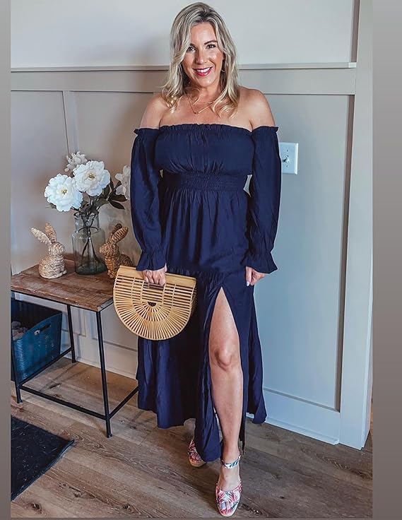 LAVA Off-Shoulder Long Sleeve Maxi Dress – Boho, Ruched, High Waist, Side Split