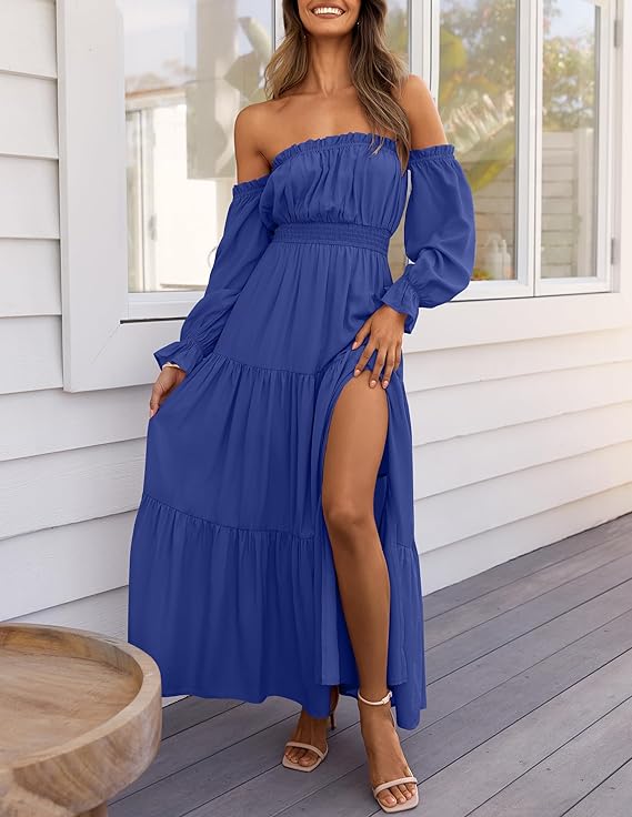 LAVA Off-Shoulder Long Sleeve Maxi Dress – Boho, Ruched, High Waist, Side Split