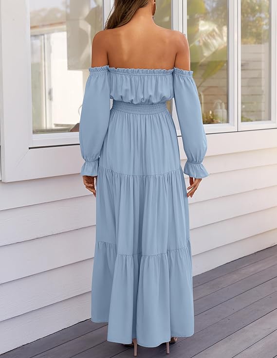 LAVA Off-Shoulder Long Sleeve Maxi Dress – Boho, Ruched, High Waist, Side Split