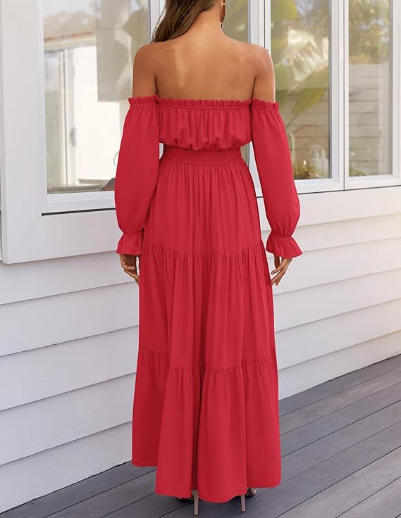 LAVA Off-Shoulder Long Sleeve Maxi Dress – Boho, Ruched, High Waist, Side Split