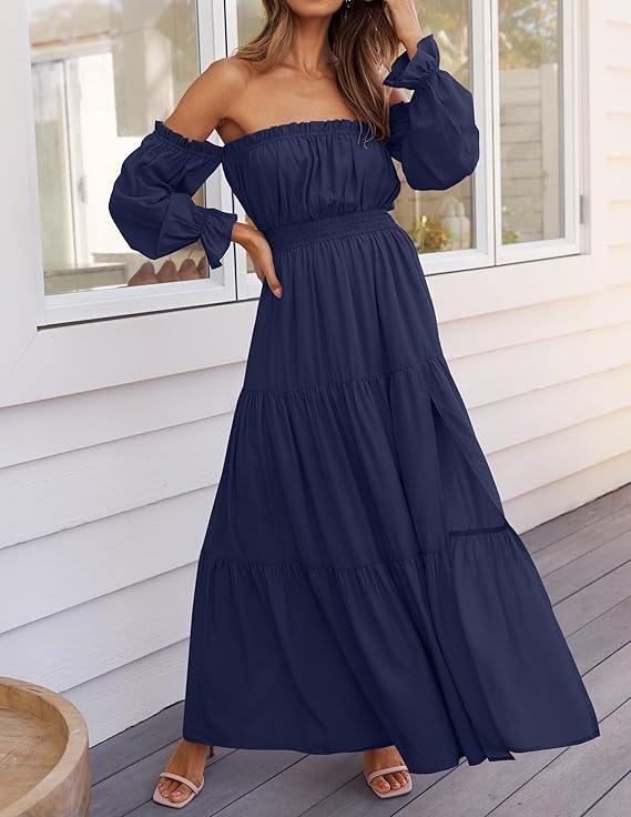 LAVA Off-Shoulder Long Sleeve Maxi Dress – Boho, Ruched, High Waist, Side Split