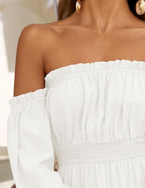LAVA Off-Shoulder Long Sleeve Maxi Dress – Boho, Ruched, High Waist, Side Split
