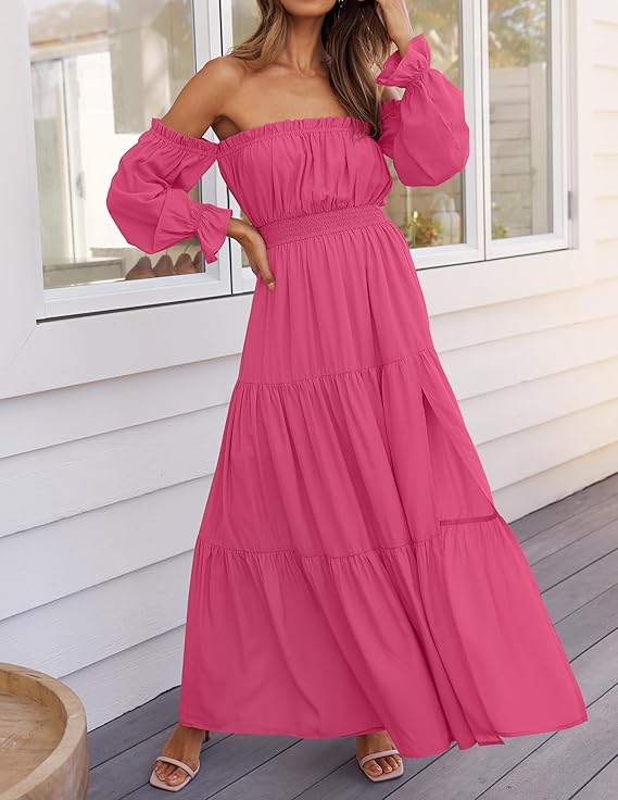 LAVA Off-Shoulder Long Sleeve Maxi Dress – Boho, Ruched, High Waist, Side Split