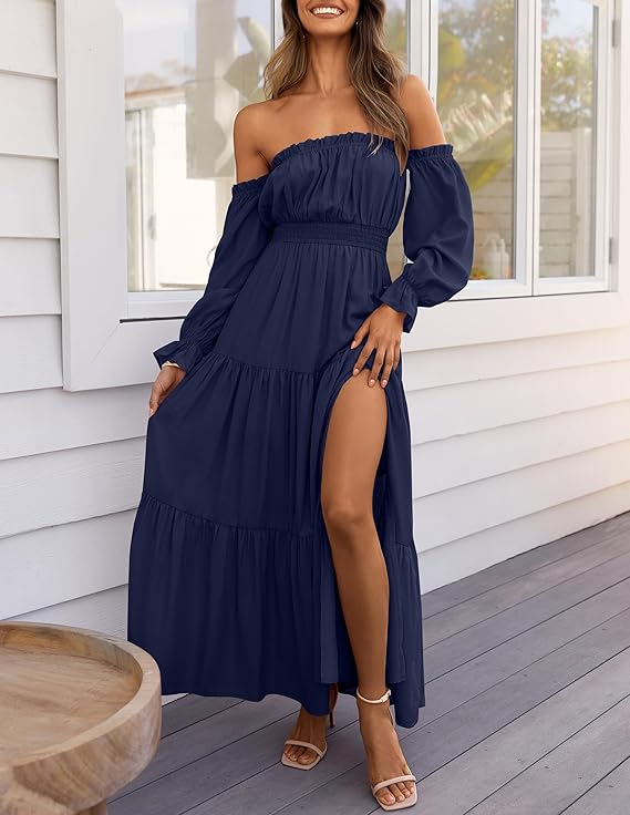 LAVA Off-Shoulder Long Sleeve Maxi Dress – Boho, Ruched, High Waist, Side Split