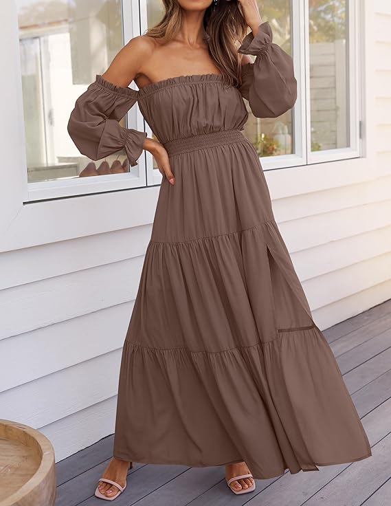 LAVA Off-Shoulder Long Sleeve Maxi Dress – Boho, Ruched, High Waist, Side Split