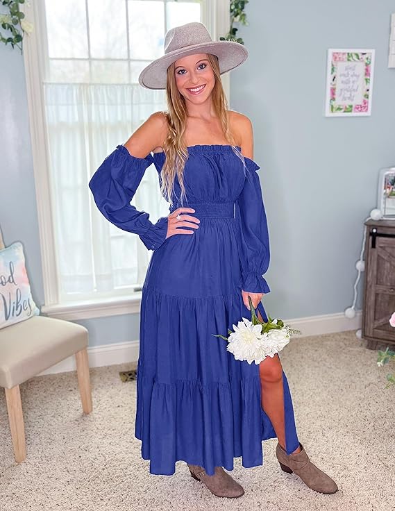 LAVA Off-Shoulder Long Sleeve Maxi Dress – Boho, Ruched, High Waist, Side Split