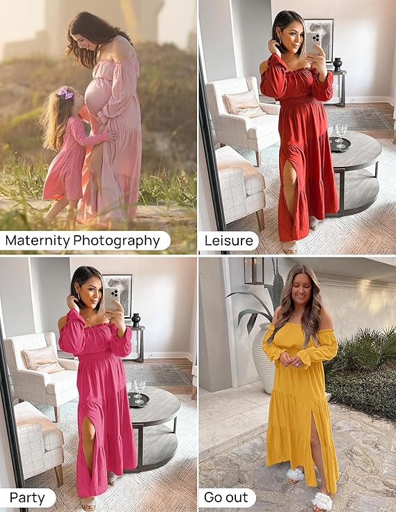 LAVA Off-Shoulder Long Sleeve Maxi Dress – Boho, Ruched, High Waist, Side Split