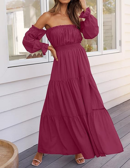 LAVA Off-Shoulder Long Sleeve Maxi Dress – Boho, Ruched, High Waist, Side Split