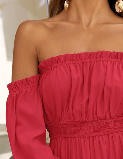 LAVA Off-Shoulder Long Sleeve Maxi Dress – Boho, Ruched, High Waist, Side Split