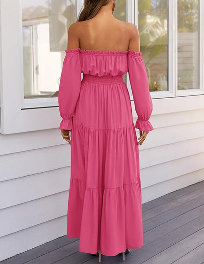 LAVA Off-Shoulder Long Sleeve Maxi Dress – Boho, Ruched, High Waist, Side Split
