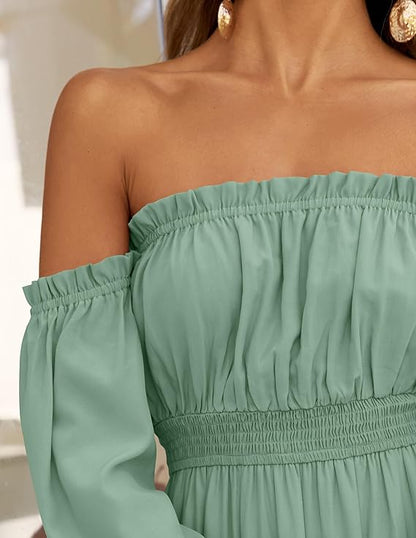 LAVA Off-Shoulder Long Sleeve Maxi Dress – Boho, Ruched, High Waist, Side Split