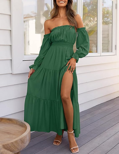 LAVA Off-Shoulder Long Sleeve Maxi Dress – Boho, Ruched, High Waist, Side Split