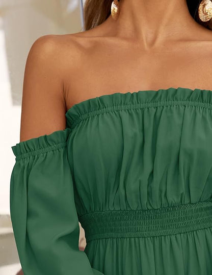 LAVA Off-Shoulder Long Sleeve Maxi Dress – Boho, Ruched, High Waist, Side Split