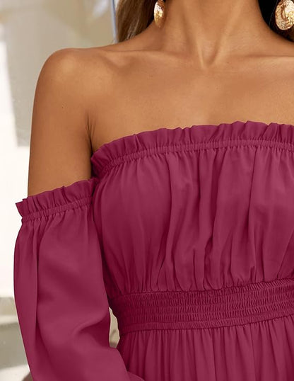 LAVA Off-Shoulder Long Sleeve Maxi Dress – Boho, Ruched, High Waist, Side Split