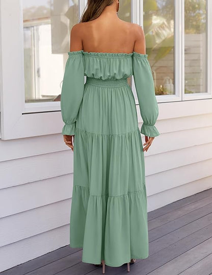 LAVA Off-Shoulder Long Sleeve Maxi Dress – Boho, Ruched, High Waist, Side Split