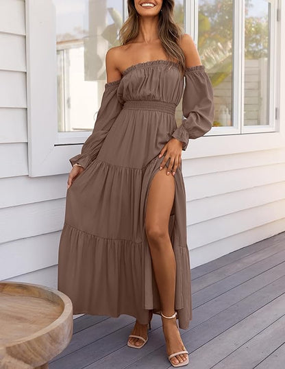 LAVA Off-Shoulder Long Sleeve Maxi Dress – Boho, Ruched, High Waist, Side Split