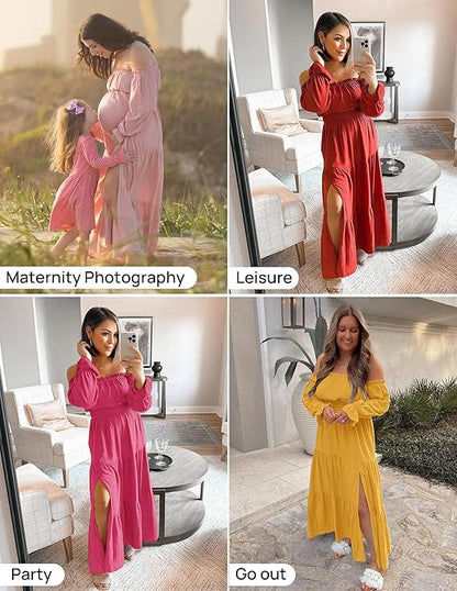 LAVA Off-Shoulder Long Sleeve Maxi Dress – Boho, Ruched, High Waist, Side Split