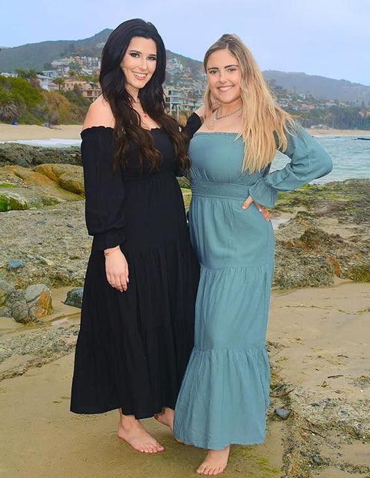 LAVA Off-Shoulder Long Sleeve Maxi Dress – Boho, Ruched, High Waist, Side Split